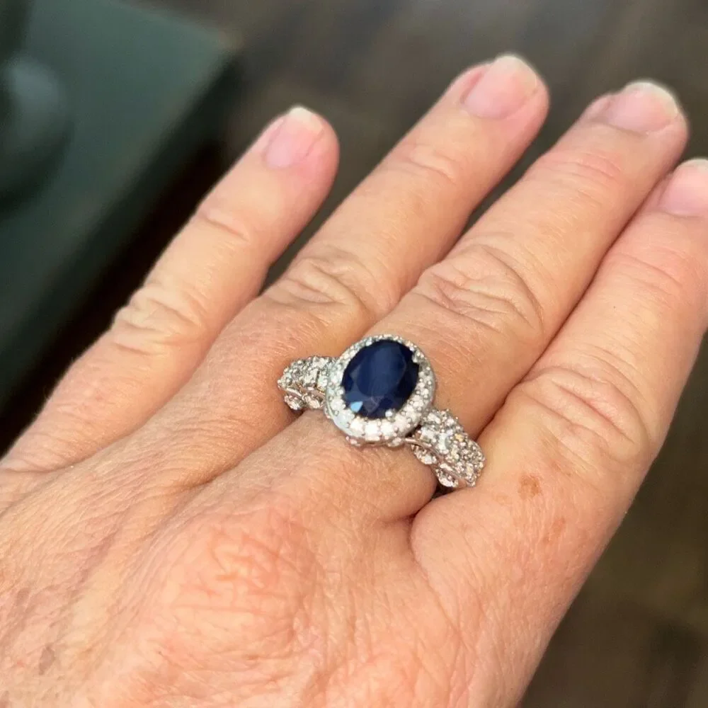New 925 silver STS medium blue sapphire/ CZ cushion/halo ring Sz 9 fancy setting